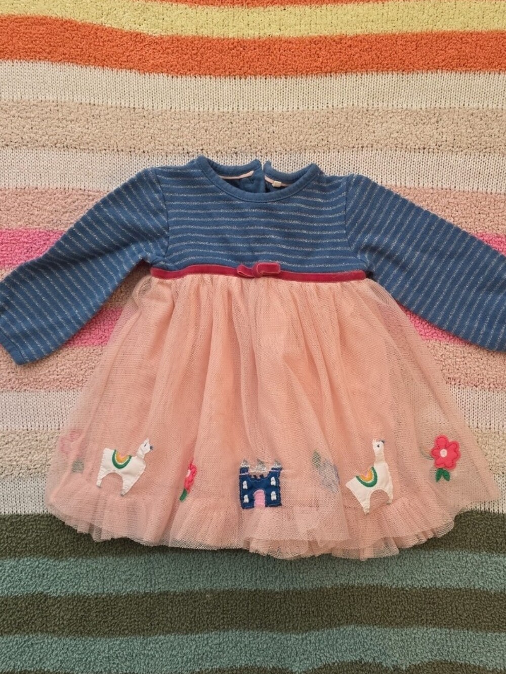 Baby Boden 0-3 Princess Blue Pink Tulle Baby Dress w/ Embroidered Castle Llama